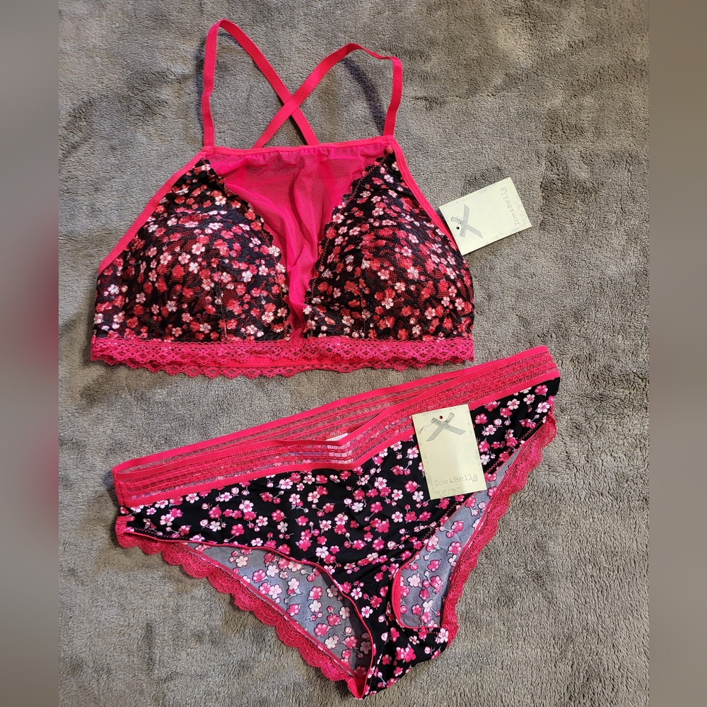Zoe & Bella Set pink sheer lace foral bra & bikini panty set L/XL $36 NWT